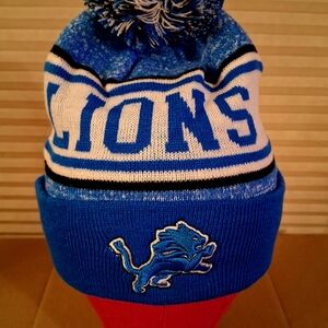 Blue and White Lions Beanie with Pom Pom Adult